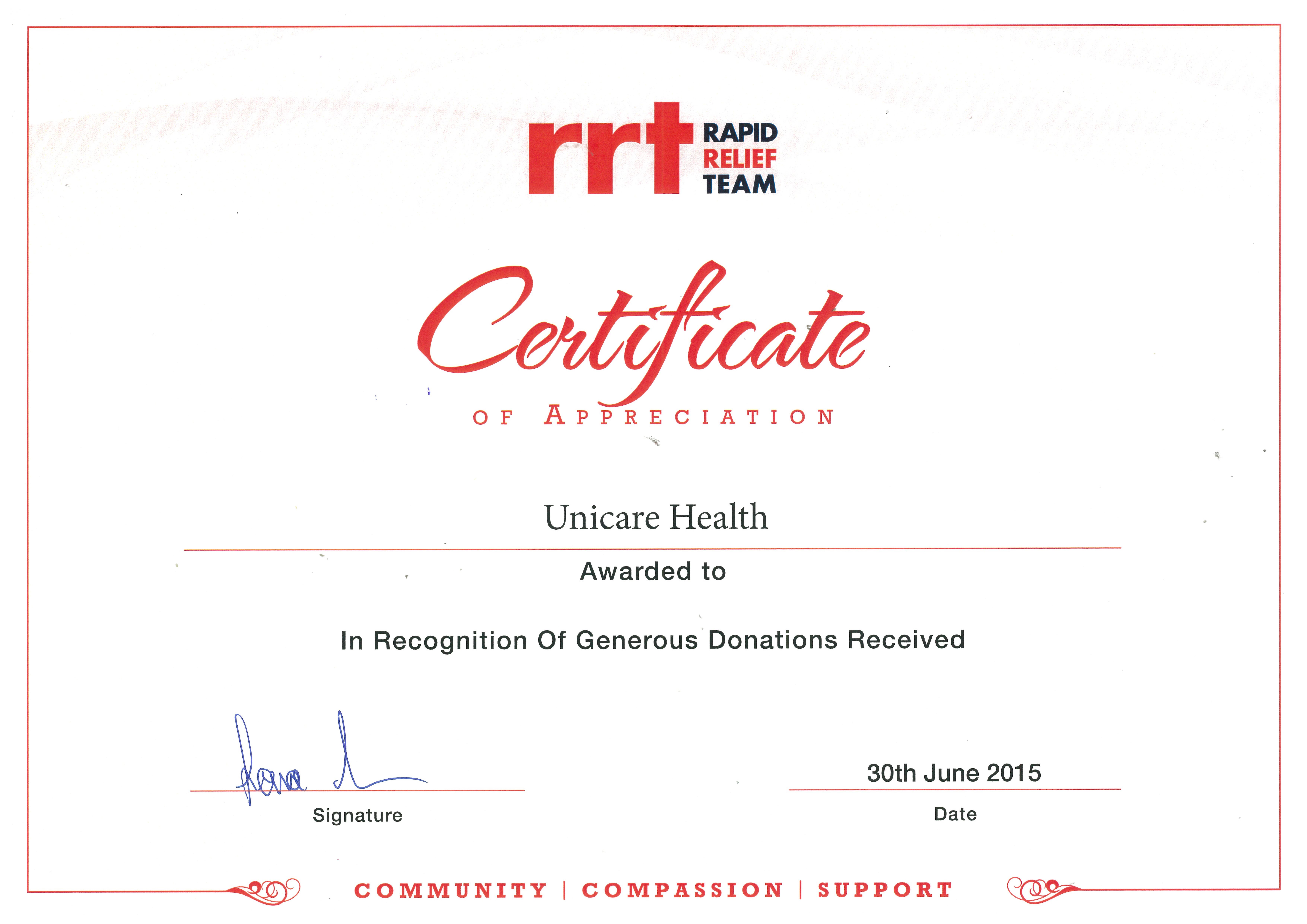 RRT certificate to Unicare Health