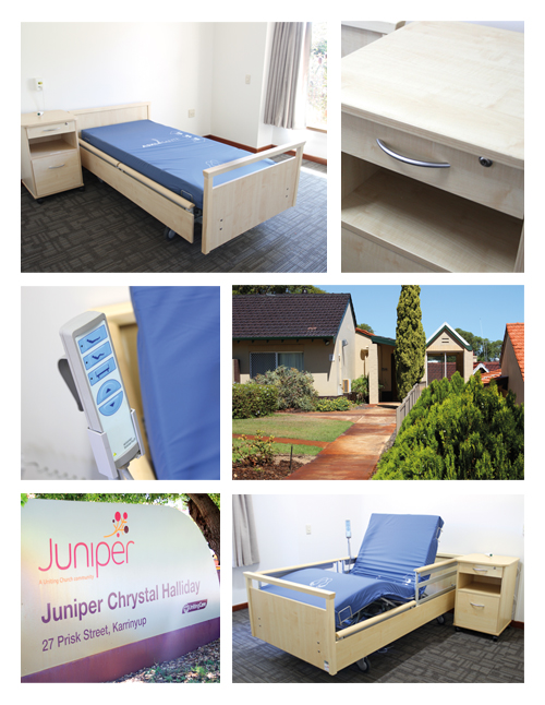 Unicare Health provides Juniper Chrystal Halliday independent living units with Wissner-Bosserhoff nursing beds, beside cabinets and pressure relief mattresses.